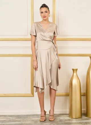 Satin Frill Asymmetric Hem Wrap Midi Dress 