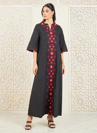 Embroidered Panel Shift Maxi Dress 