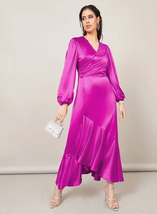 Satin Wrap Front Maxi Dress with Frill Hem