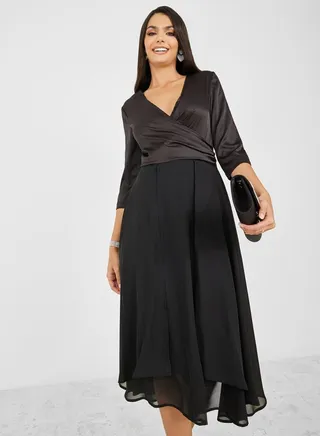 Solid V Neck A-Line Midi Dress 