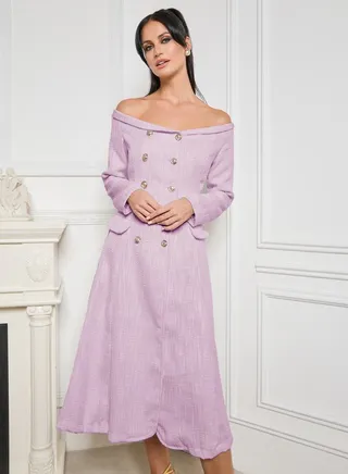 Off Shoulder Button and Flap Pocket Detail Midi Dress 
