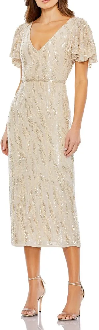 Beaded V-Neck Flutter Sleeve Dress