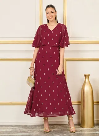 Embellished Cape Style A-Line Maxi Dress 