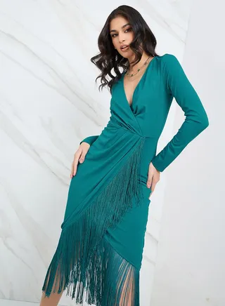 Fringed Detail Wrap Front Midi Dress 