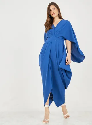 Pleated Asymmetric Hem Cape Sleeves Maxi Dress