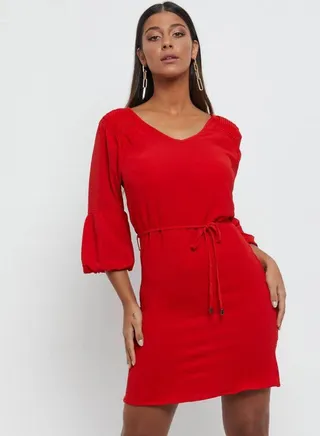Solid Design V-Neck Dress Red As Sample 