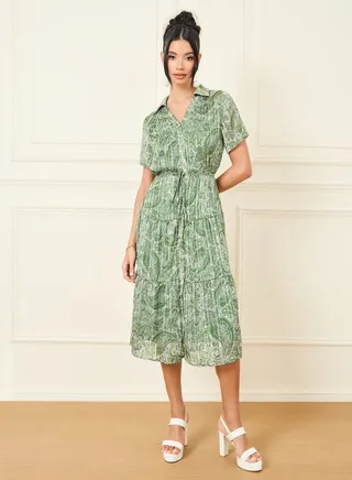 Pleated Paisley Print Shirt Dress with Self Tie Up 