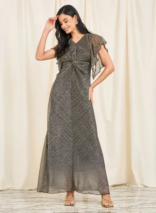 Plisse Front Twist Ruffle Sleeves Maxi Dress