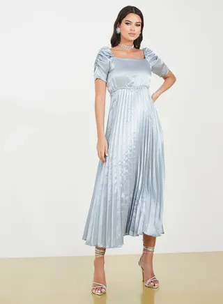 Puff Sleeves Accordion Pleated Midi Dress 