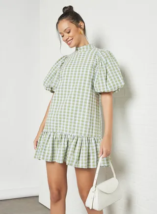 Checked Ruffled Hem Dress Green 