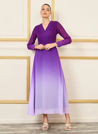 Ombre Print Pleated V Neck A-Line Maxi Dress 