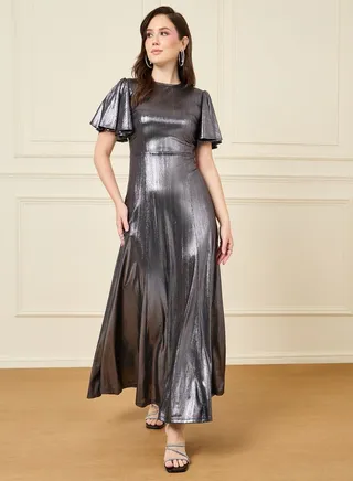 Flare Sleeve Metallic A-Line Maxi Dress 