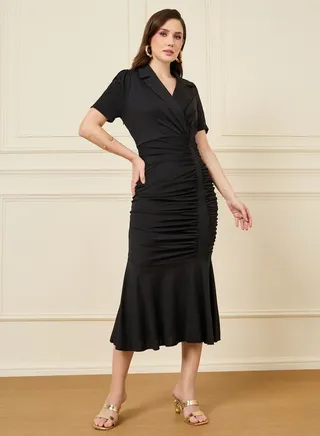 Notch Lapel Collar Gathered Sheath Midi Dress 