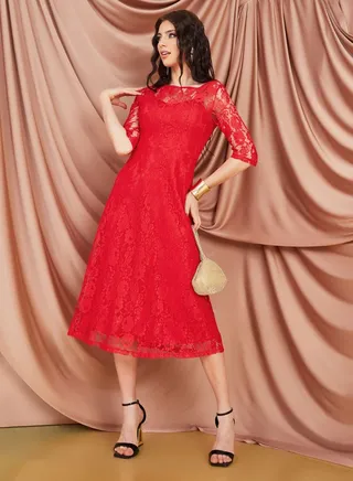 3/4 Sleeve Lace Insert A-Line Midi Dress