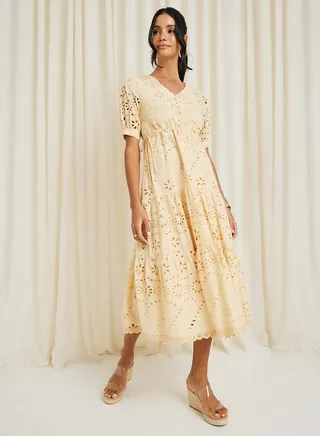 Schiffli Drawstring Waist A-Line Midi Dress 