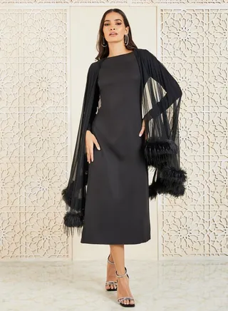 Faux Fur Trim Cape Sleeves Shift Mid Dress 
