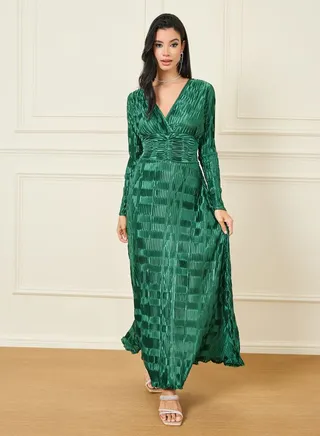 Textured  V Neck Maxi Dress 