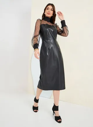 Mesh Insert Leather Look Sheath Midi Dress 