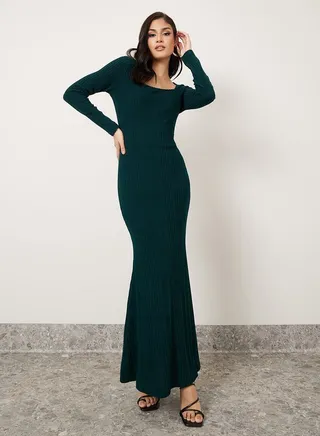 Square Neck Knit Bodycon Maxi Dress 