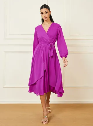Layered A-Line Wrap Midi Dress with Self Tie Belt 