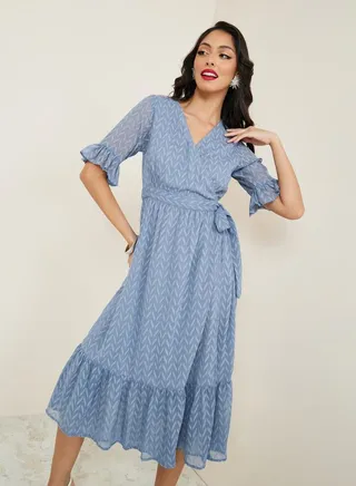 Ruffled Sleeve Dobby Wrap Midi Dress 