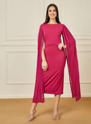 Pleated Cape Sleeve Bodycon Midi Dress 