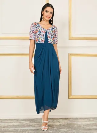 Embroidered Layer Pleated Hem Shift Maxi Dress 