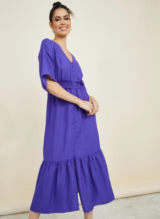 Short Sleeves Button Through Midi Dress 