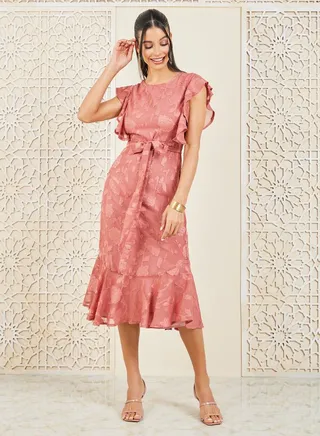 Burnout Texture Self Tie Up A-Line Dress 