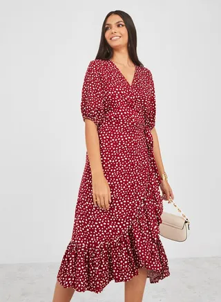All Over Spot Print Viscose Wrap Midi Dress 