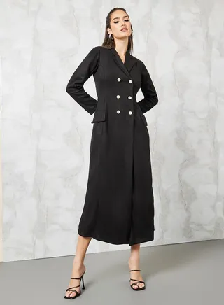 Suede Look Button Detail Blazer Midi Dress 