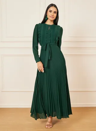 Ruffle Detail Pleated A-Line Maxi Dress with Self Tie Up 
