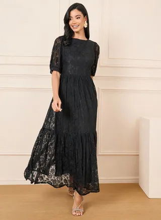 All Over Lace A-Line Tiered Maxi Dress 