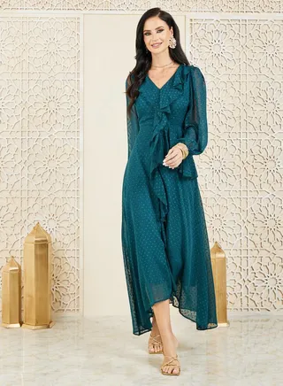 Dobby Ruffle Detail A-Line Maxi Dress