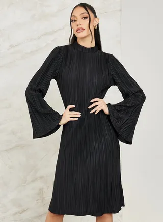Plisse Knee Length Dress with Bell Sleeve 