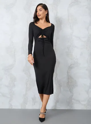 Sweetheart Neck Knit Bodycon Dress with Ruched Detail 