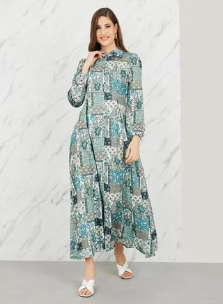 Patchwork Print A-Line Shirt Maxi Dress 