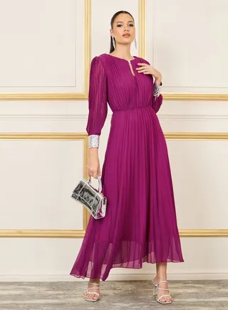 Pleated Sequin Cuffed Sleeves A-Line Maxi Dress 