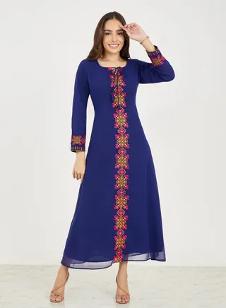 Embroidered Round Neck A-Line Maxi Dress 