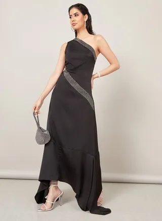 Embellished One Shoulder Neck Asymmetric Hem Maxi Dress 