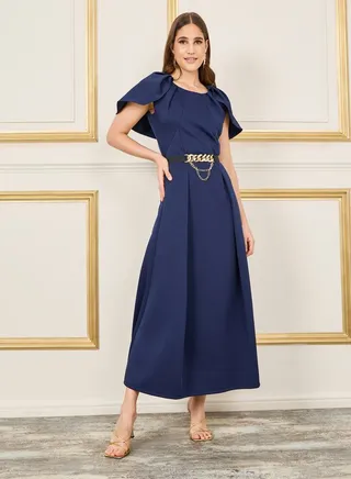 Pleated Cape Sleeves Chain Accent Belted A-Line Maxi Dress 