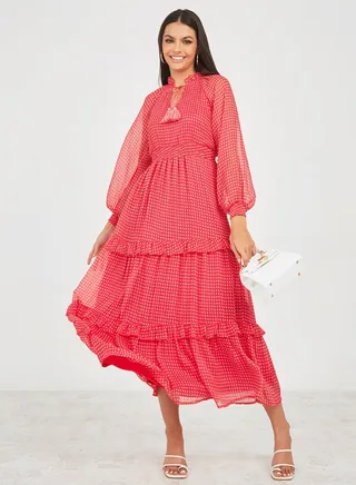 Polka Dot Tie-Up Neck Tiered Maxi Dress 