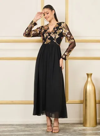 Sequin Detail Pleated A-Line Maxi Dress 