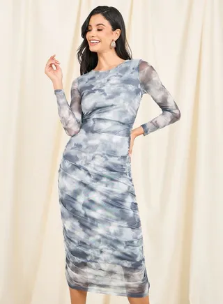 Tie and Dye Print Ruched Bodycon Midi Dress 