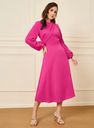 Wrap Detail Balloon Sleeve Midi Dress 