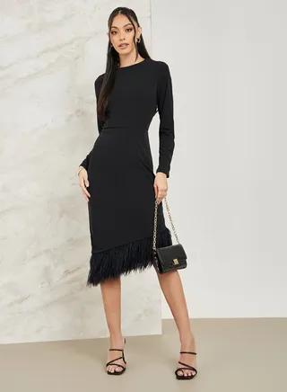 Faux Feather Asymmetric Hem Knee Length Dress 