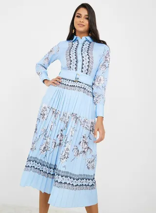 Floral Print Pleated Collared Midi Dress 