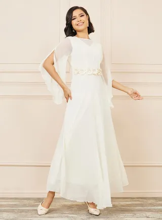 Floral Applique Sheer Sleeves A-Line Maxi Dress 