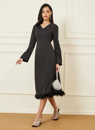 Faux Feather Hem Midi Dress with Long Sleeves 