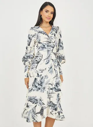 Leaf AOP A-Line Wrap Midi Dress 